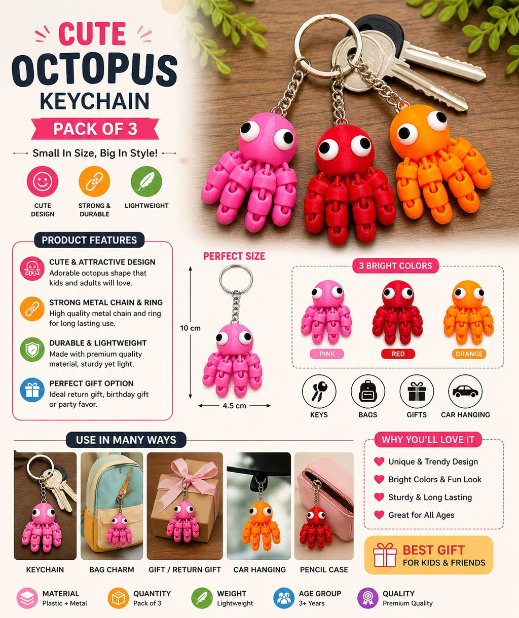 Flexi Octopus Keychain Set (3-Pack) - Articulated Fidget Accessory