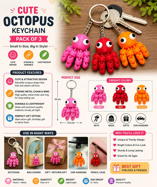 Flexi Octopus Keychain Set (3-Pack) - Articulated Fidget Accessory