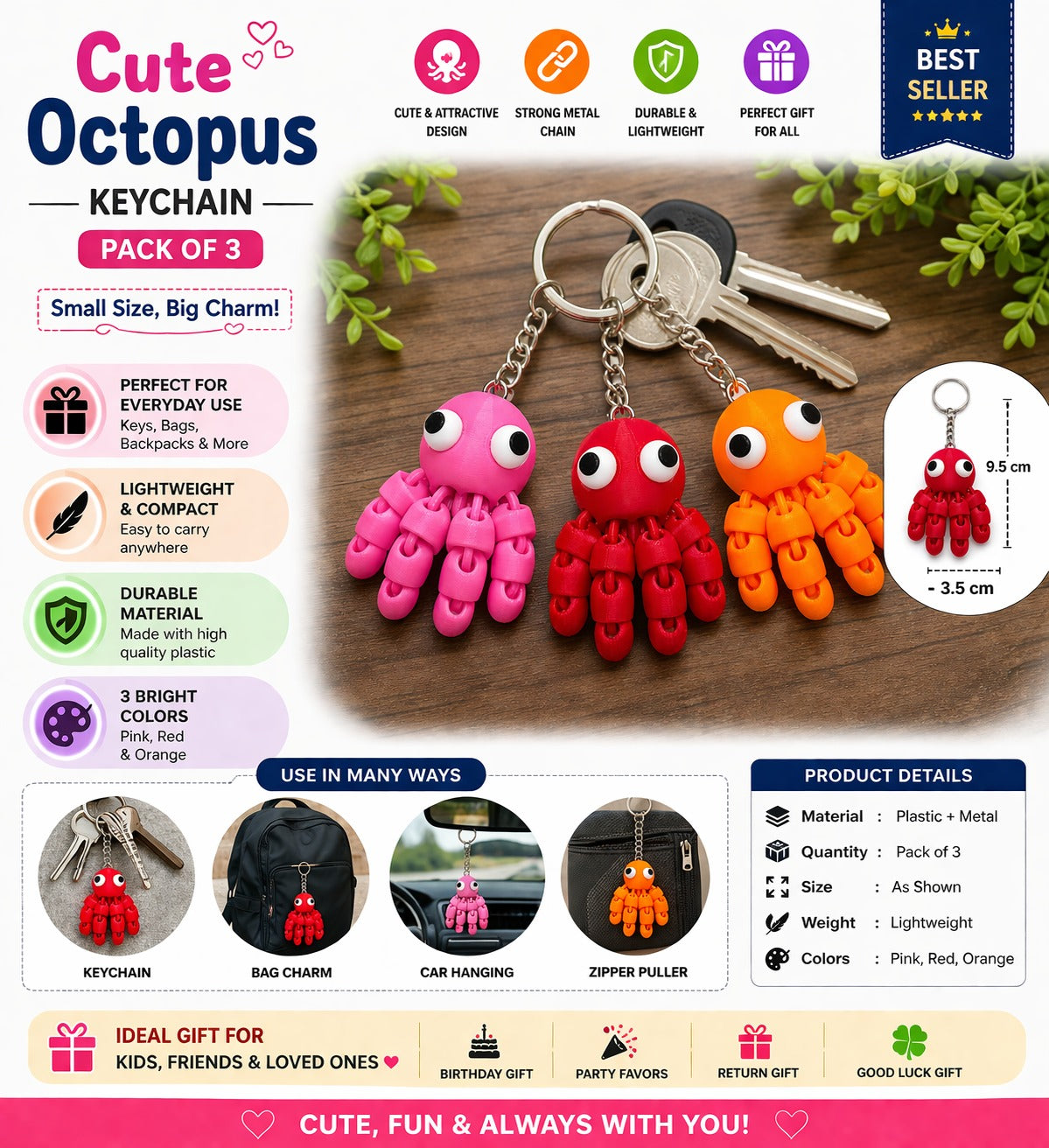 Flexi Octopus Keychain Set (3-Pack) - Articulated Fidget Accessory